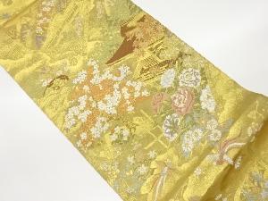 屋敷・花々に山並み模様織出し全通袋帯